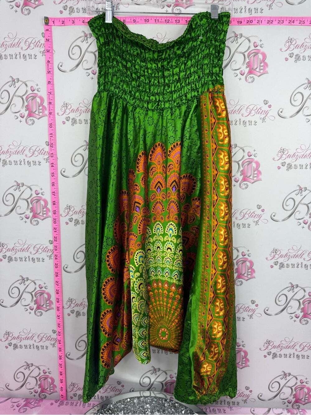 MANCINI harem pants Green Bohemian Print Smocked shiny paisley India Thailand